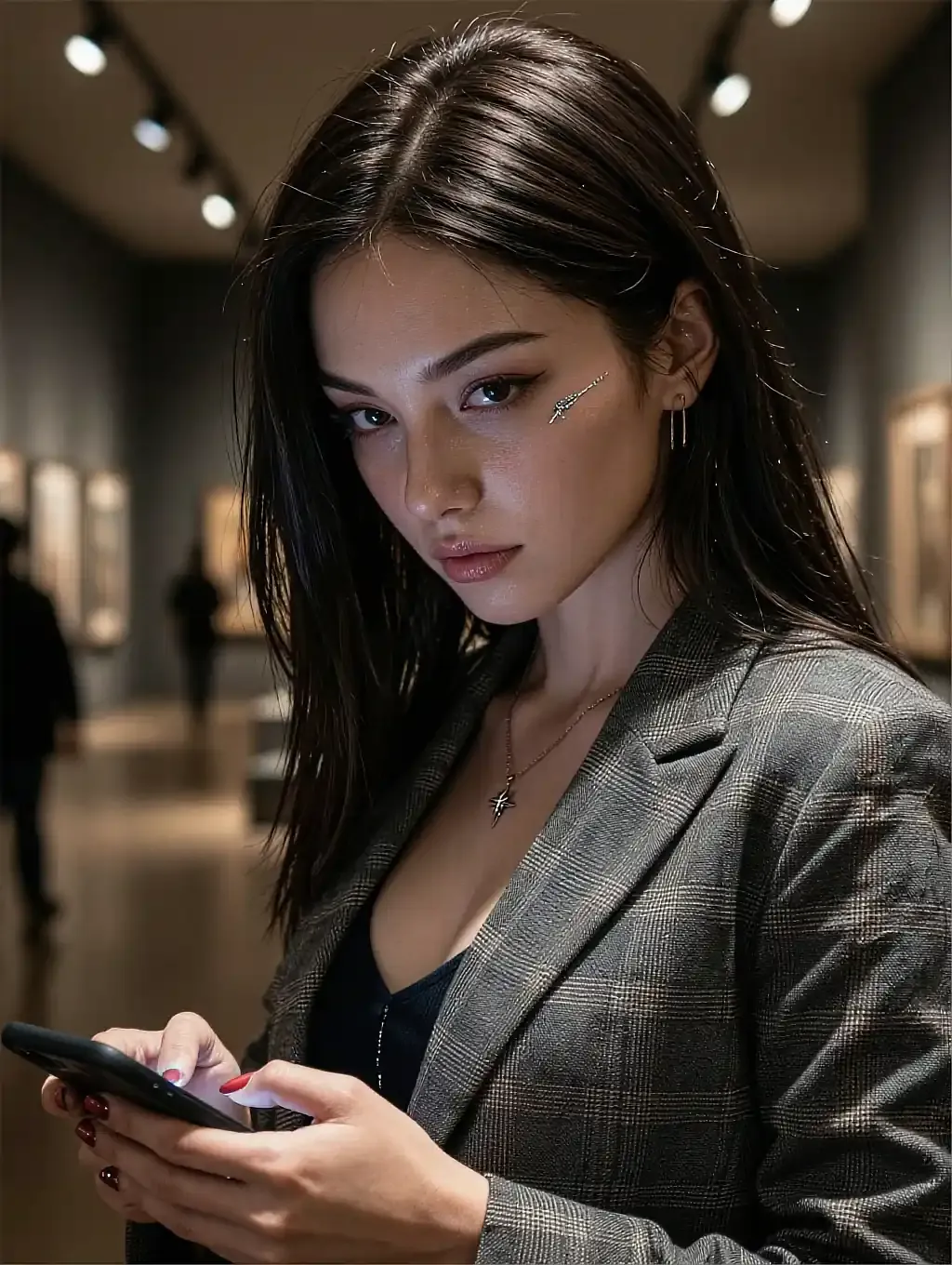 Fictional AI character in a hoodie lit by a monitor at night