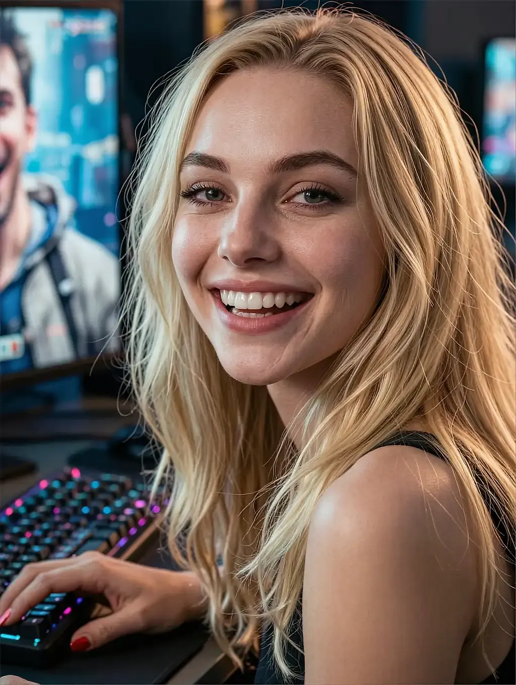 Fictional AI character featured on the fourth landing page, in a dim room